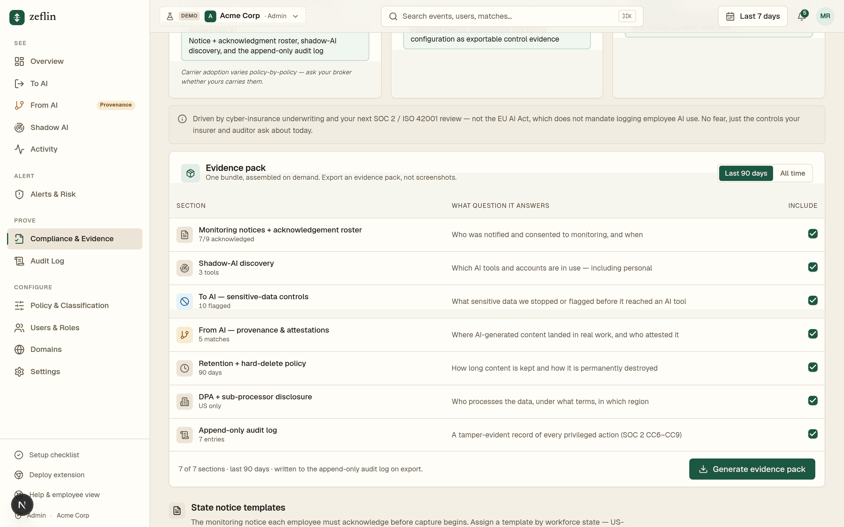 The Zeflin evidence pack composer: each section mapped to the question it answers for an insurer or auditor